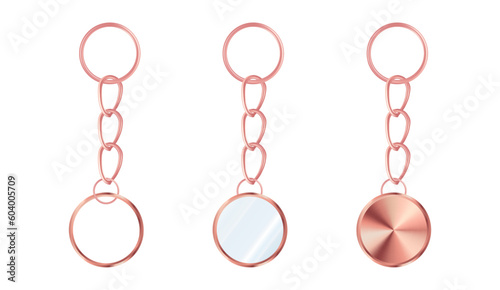 A set of metallic pink keychains in the shape of a circle. Chains made of metal or alloy. Metal key holders isolated on white background. Realistic vector illustration.