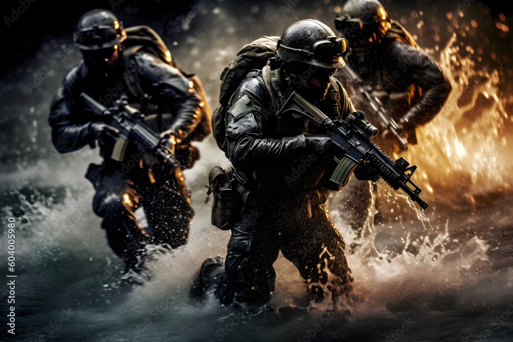 Fototapeta premium Special forces soldiers in combat with rifles, and bullet-proof gear, face masks and heavy military equipment. Generated AI
