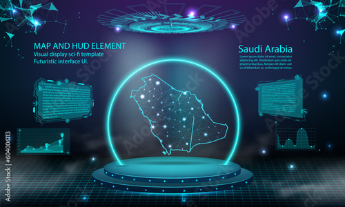 saudi Arabia map light connecting effect background. abstract digital technology UI, GUI, futuristic HUD Virtual Interface with saudi Arabia map. Stage futuristic podium in fog.