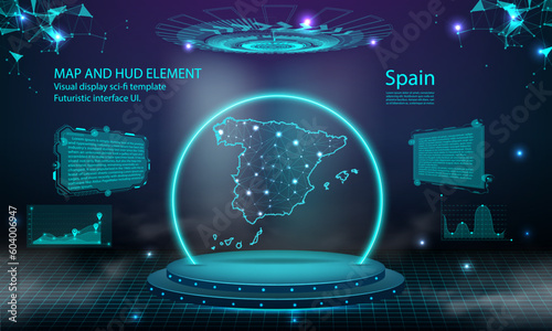 spain map light connecting effect background. abstract digital technology UI, GUI, futuristic HUD Virtual Interface with spain map. Stage futuristic podium in fog.