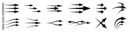 Set of different black arrows showing air flow. Vector icons for design and applications isolated on white background.