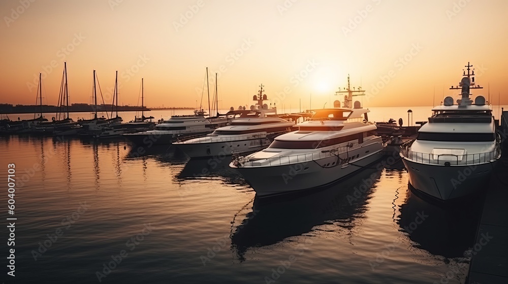 Luxury yachts docked in sea port at sunset. Marine parking of modern motor boats and blue water Generative AI