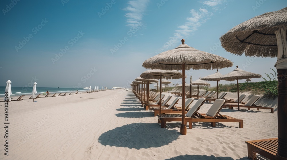Fototapeta premium View of beach umbrellas and lounge chairs Generative AI