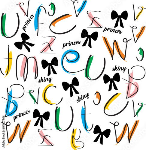 print pattern consisting of colorful inscriptions and ribbon