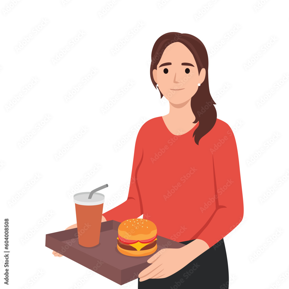 nhealthy eating and fat diet concept. Young smiling woman cartoon character standing holding tray with burger and lemonade drink unhealthy eating. Flat vector illustration isolated on white background nhealthy eating and fat diet concept. Young smiling woman cartoon character standing holding tray with burger and lemonade drink unhealthy eating. Flat vector illustration isolated on white background