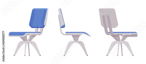 Solid wood swivel chair furniture set in natural light, blue. Computer, study or leisure room, balcony, bar, coffee shop interior. Vector flat style cartoon home, office isolated on white background