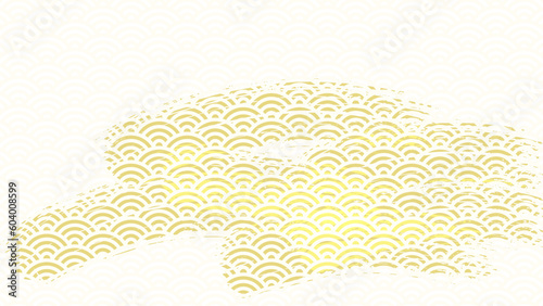 青海波のパターンと波のブラシストロークの横長背景イラスト