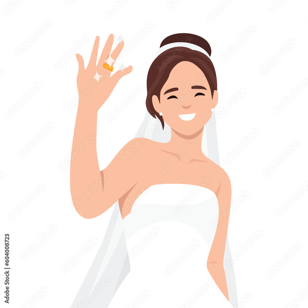 Young woman happy just married spouse or wife wearing a veil with flowers and showing her wedding ring on her finger. Flat vector illustration isolated on white background