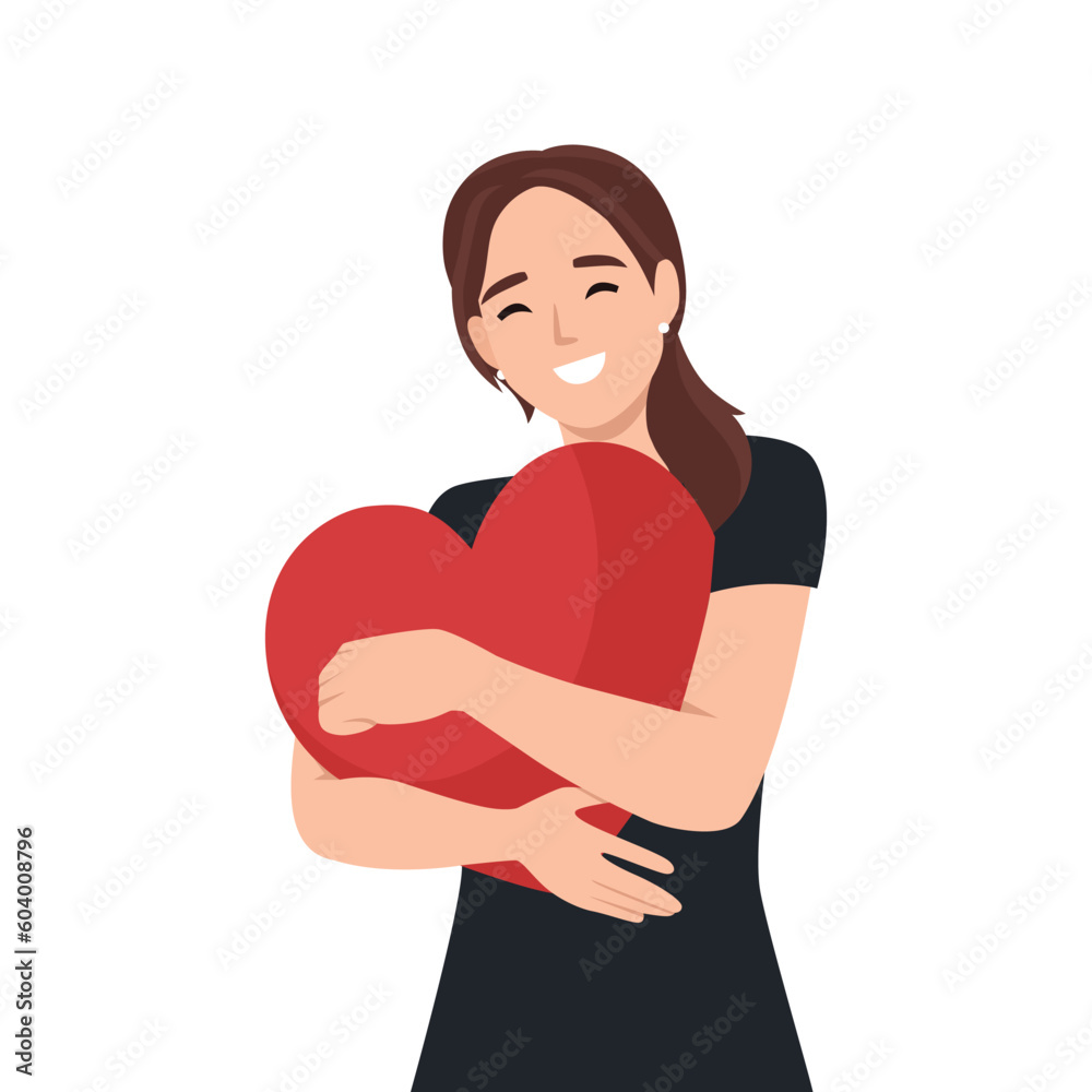 Young woman embraces a big red heart with mindfulness and love. Self acceptance and confidence concept. Flat vector illustration isolated on white background Young woman embraces a big red heart with mindfulness and love. Self acceptance and confidence concept. Flat vector illustration isolated on white background