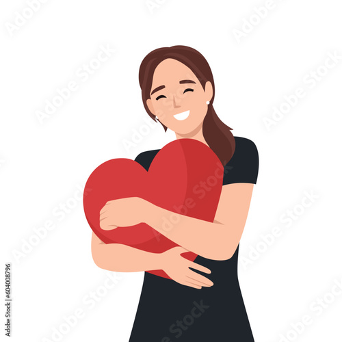 Young woman embraces a big red heart with mindfulness and love. Self acceptance and confidence concept. Flat vector illustration isolated on white background