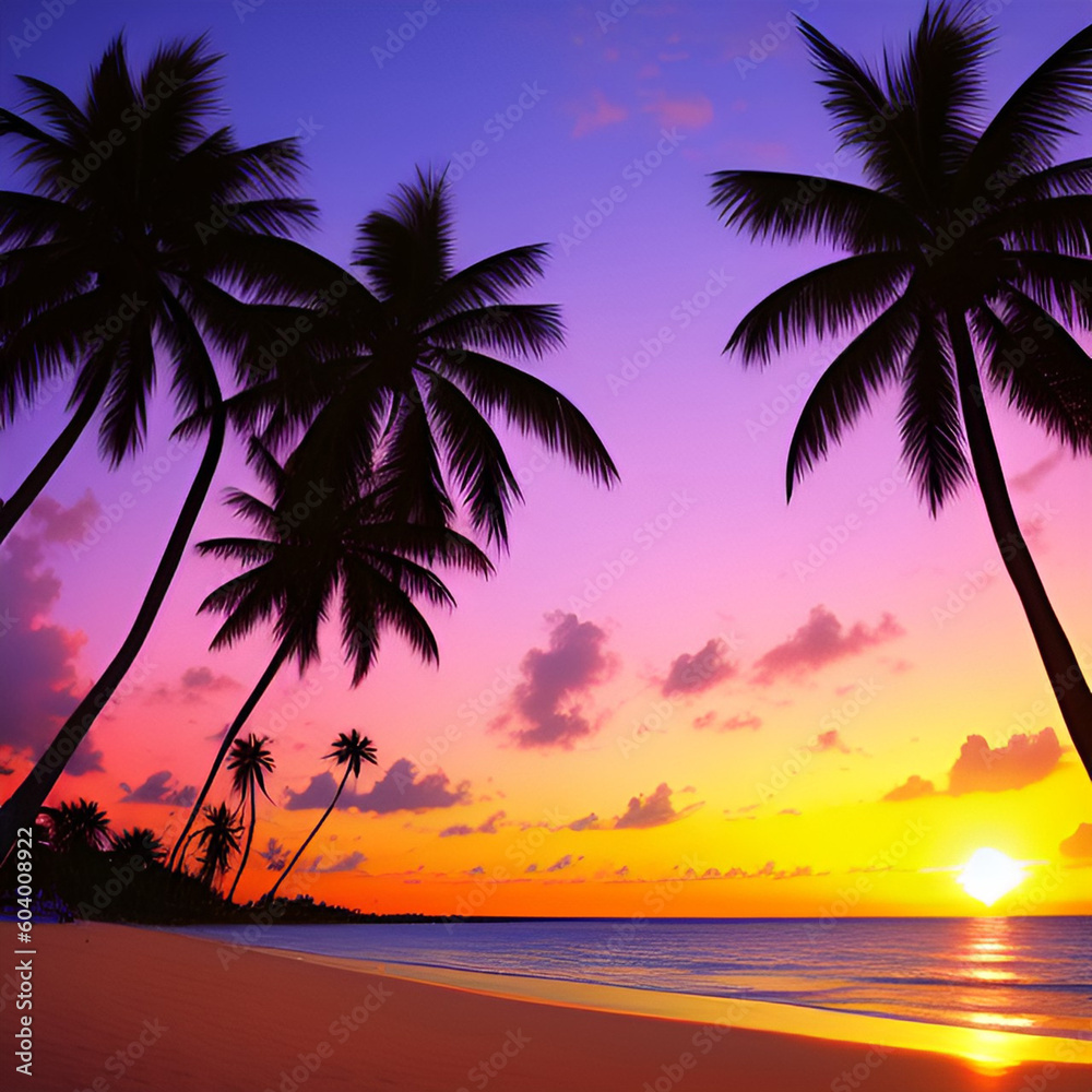 Beach with palm trees at sunset. Generative Ai.