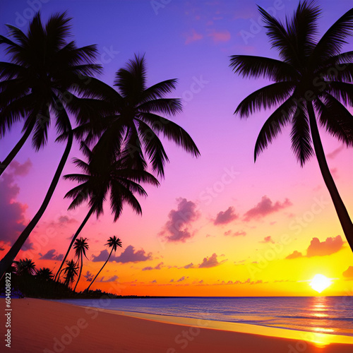 Beach with palm trees at sunset. Generative Ai. © Katarzyna