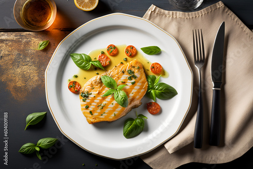Grilled salmon steak on a stone plate. On an old background. Top view. Free copy space.