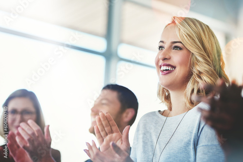 Applause  success and winner with business woman for support  teamwork and event celebration. Wow  seminar and target with audience clapping in conference meeting for goal  motivation and agreement
