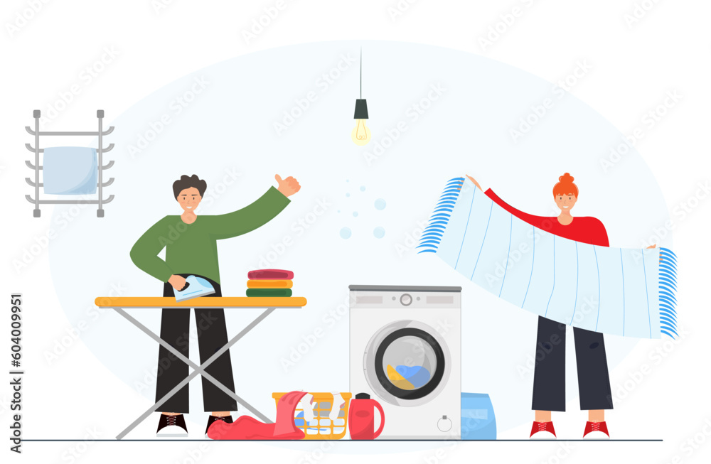 Woman and man washing and ironing clothes in the laundry room with washing machine, clothes, towels, family household concept, laundry room furniture, flat vector illustration