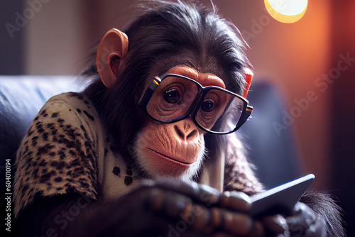 A hilarious portrait of a mischievous monkey wearing glasses and engrossed in using a smartphone, capturing the fusion of technology and humor in a playful and entertaining way, generative ai photo