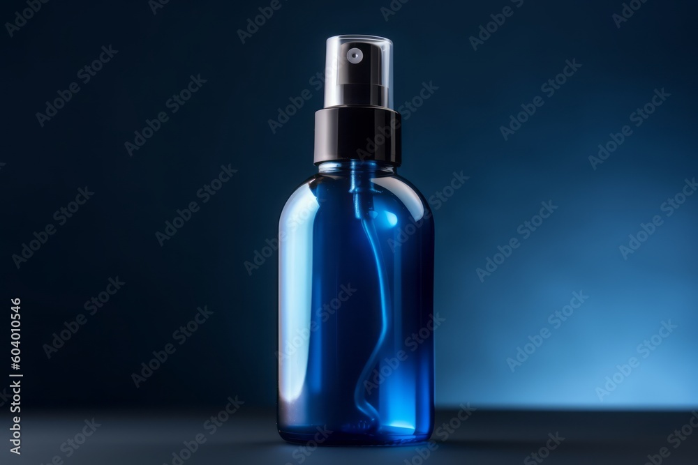 A blue cosmetic bottle on blue background. Generative AI