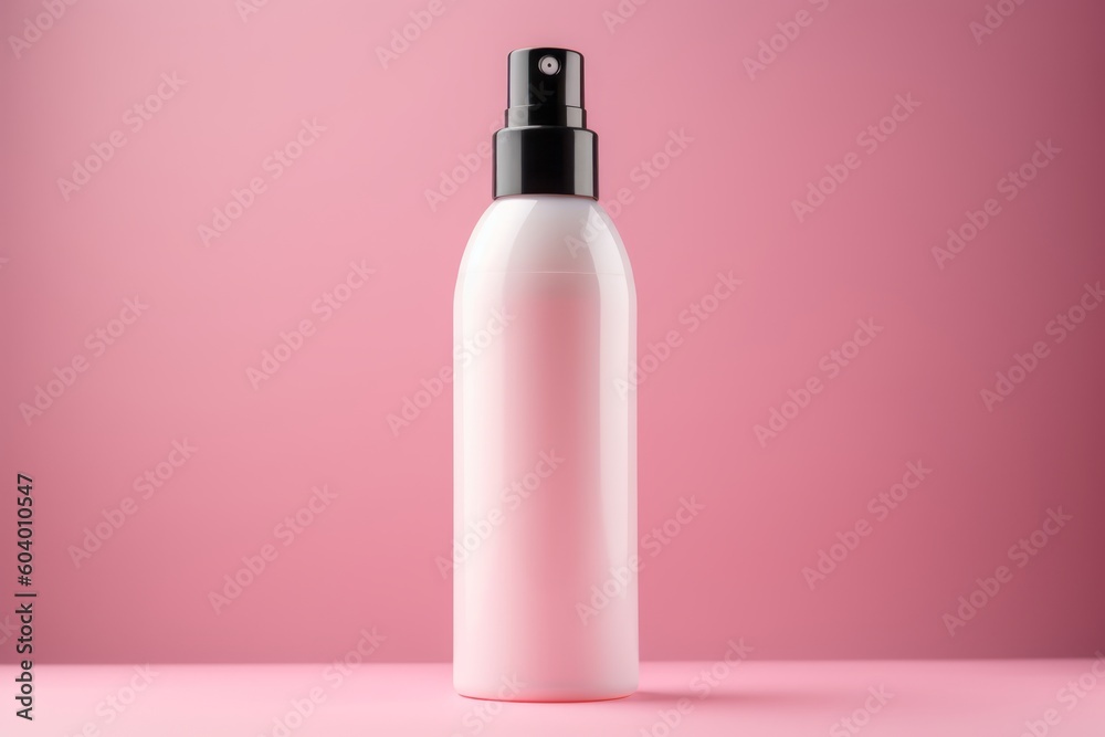 A pink bottle of liquid with a black on pink background. Generative AI A pink bottle of liquid with a black on pink background. Generative AI