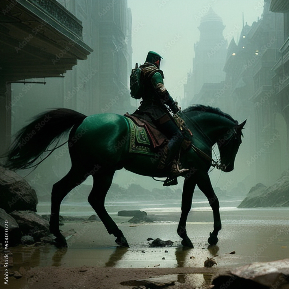 Naklejka premium Illustration of a horse rider on horseback against a green silhouette