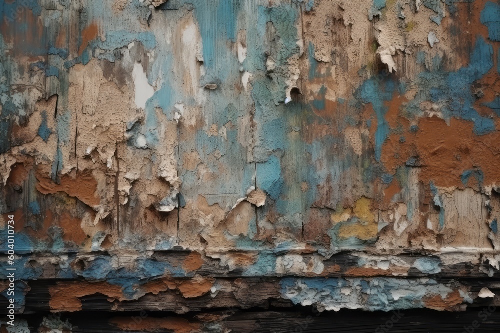 A wall with peeling paint and a rusted paint texture. Generative AI