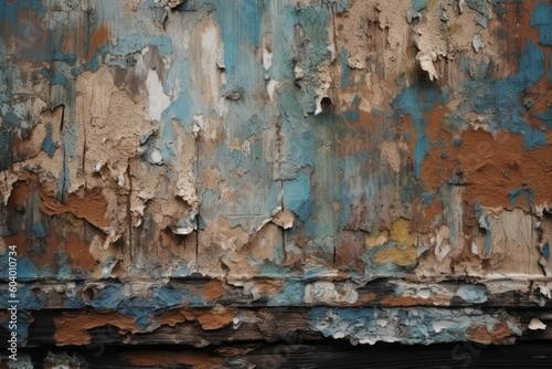 A wall with peeling paint and a rusted paint texture. Generative AI © KaterynaVS