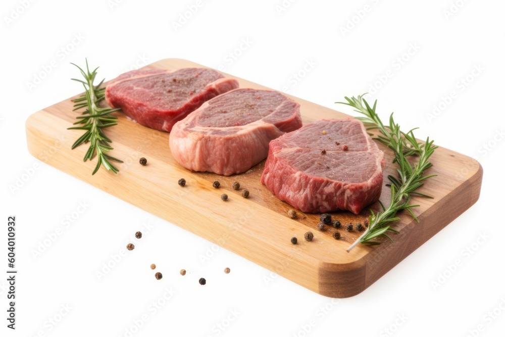 Three steaks on a wooden cutting board with rosemary on the side. Generative AI
