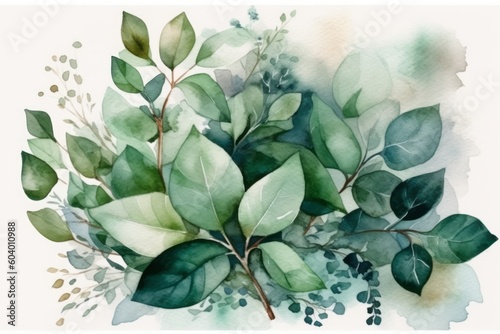 A watercolor painting of green leaves and branches.. Generative AI