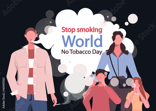 Little children with mom suffer from father's smoking. Kids passive smokers, harm for health. World No Tobacco Day. Bad habits and effect. Flat vector illustration isolated on black background.