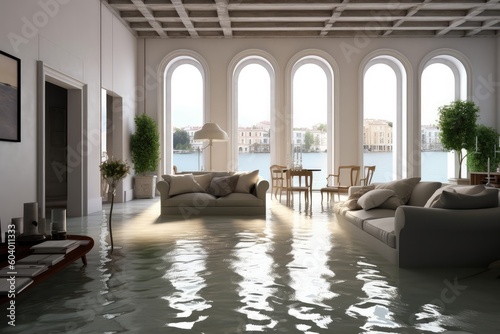  the room and furniture were flooded with water after the flood, a severe flood. natural disaster insurance and real estate insurance concept .Generative AI 
