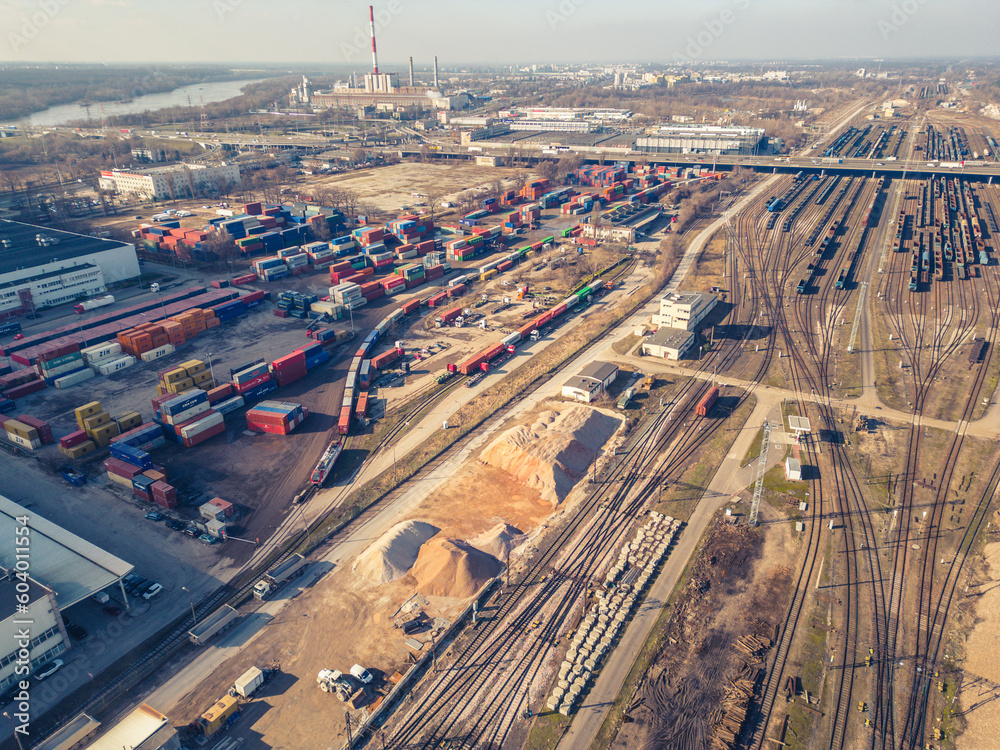Cargo trains close-up. Aerial view of colorful freight trains on the ...