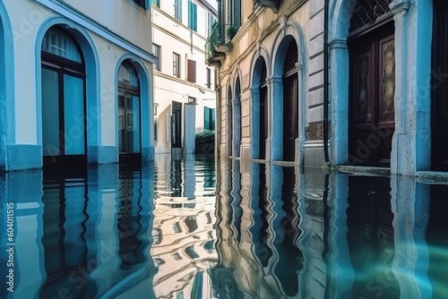 high water level on a city European street from a flood, after a downpour or an avalanche. The concept of natural disaster insurance and life and property insurance.Generative AI © Margo_Alexa