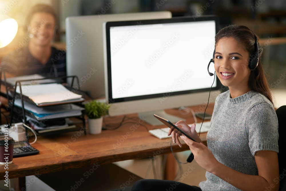 Call center, mockup and portrait of woman at computer screen for customer service, help desk or consulting. Happy, smile and ecommerce with employee and tablet for contact us, network or receptionist Call center, mockup and portrait of woman at computer screen for customer service, help desk or consulting. Happy, smile and ecommerce with employee and tablet for contact us, network or receptionist
