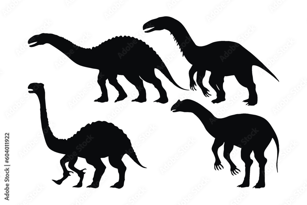 Dinosaur silhouette vector collection on a white background. Beautiful big dinosaurs for kids silhouette set design. Carnivore dinosaur standing, black and white silhouette vector bundle.