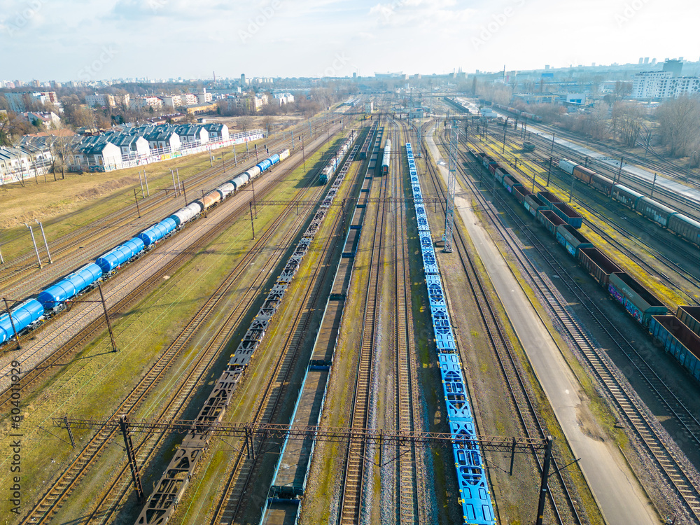 Cargo trains close-up. Aerial view of colorful freight trains on the ...