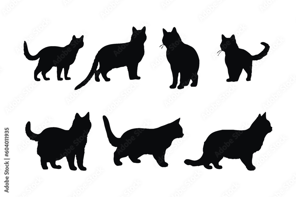 Wild cats standing silhouette set design. Furry cat silhouette vector collection on a white background. Feline standing and sitting. Home cat black and white silhouette vector bundle.