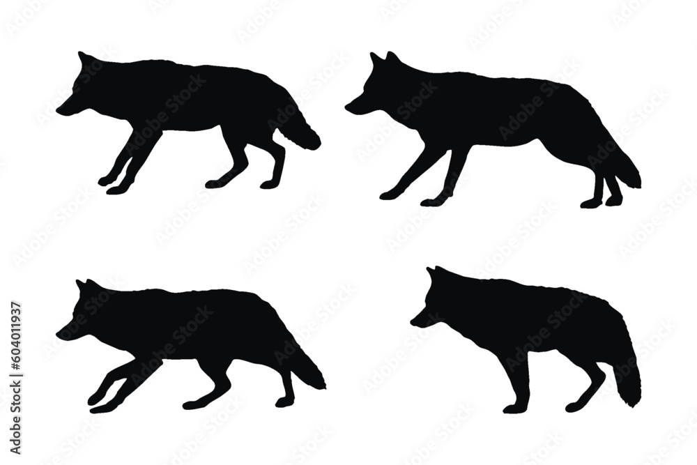 Coyote silhouette vector collection on a white background. Wild coyotes standing silhouette set design. Coyote standing and sitting. Coyote wolf black and white silhouette vector bundle.