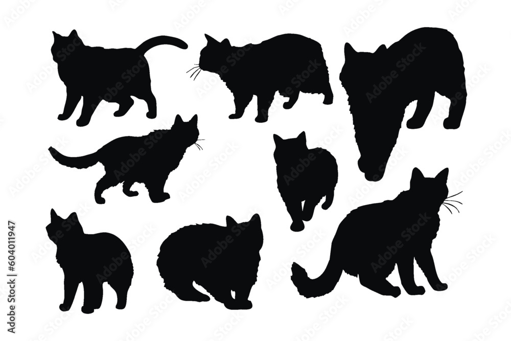 Cute cat silhouette vector bundle in different positions. Cat walking in different styles. Cute home cat vector design on a white background. Feline standing silhouette set vector.