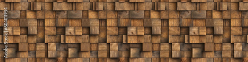 Brown wooden cubes texture background banner panorama, seamless pattern - Dark brown rustic wood wall (Generative Ai)