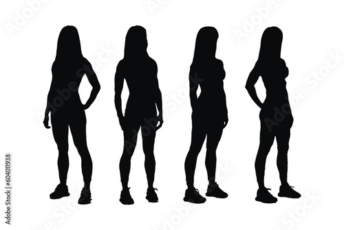 Anonymous bodybuilders and female gymnasts standing in different positions. Female gymnast and bodybuilder silhouette set on a white background. Woman bodybuilder silhouette with muscular bodies.