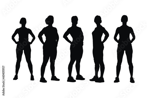 Female gymnast and bodybuilder silhouette set vector on a white background. Woman bodybuilder standing in different positions. Anonymous bodybuilder and female gymnast silhouette with muscular bodies.