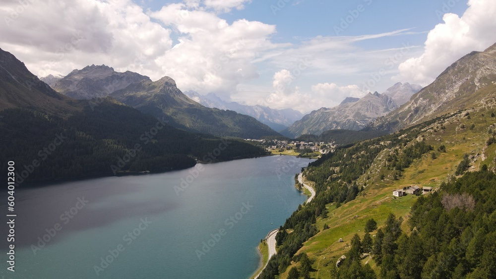 Drone photo of a mountain lake. 