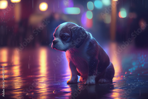 A lonely puppy abandoned in an alley, its big eyes full of sadness as it looks for a way out, generative ai illustration