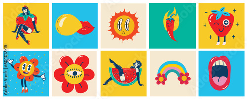 Collection multicolored vintage pop art summer stickers elements decorative design vector illustration. Set groovy style girl strawberry, sun, sunglasses, rainbow arch