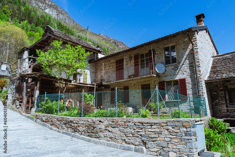 The small characteristic village of Sonogno, the highest town of Val Verzasca, in Canton Ticino, Switzerland - May 2023