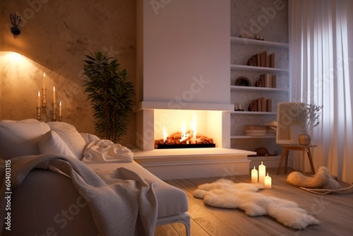 Modern interior design of the living room with fireplace. Super photo realistic background, generative ai illustration 