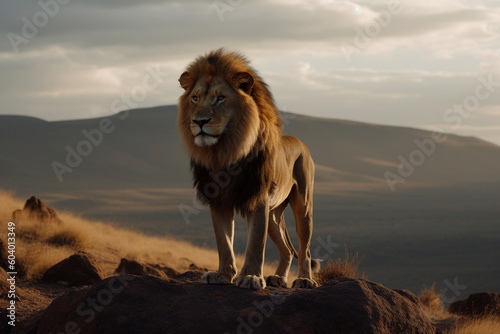 a lion standing on a rock on a hill