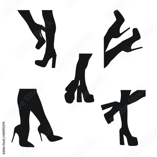 Set black silhouette of female legs in a pose. Shoes stilettos, high heels. Walking, standing, running, jumping, dance