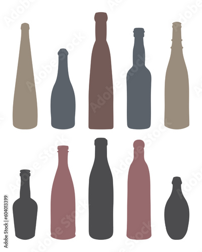 Vector set of colored shape of silhouettes of glass bottles for alcohol, wine, whiskey, vodka, brandy, cognac, beer, kvass, champagne, liqueur