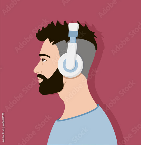 Young man listen to music on headphones. Vector of a handsome guy listening to the music with headphones. Music therapy. Modern man profile. Modern guy, hipster. Avatar. Vector flat illustration.