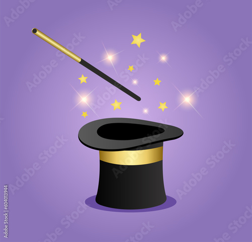 Wizard conjure cylinder. Magicians hat with magic wand. Vector illustration isolated on white background. Circus show, abracadabra wand.